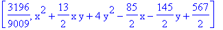[3196/9009, x^2+13/2*x*y+4*y^2-85/2*x-145/2*y+567/2]